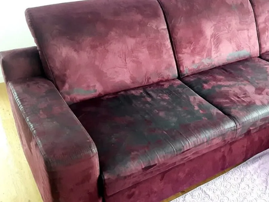 Sofa upholstery before cleaning, showing dirt and staining