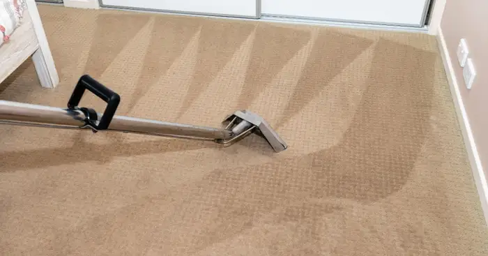 Technician using hot water extraction equipment to deep clean a carpet in a Leicester home