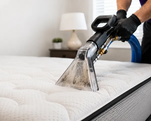 A mattress being deep cleaned with an extraction tool, lifted dirt visible in its clear head
