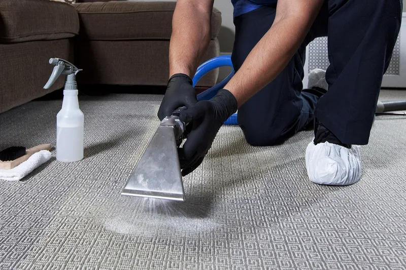 Technician deep cleaning a patterned rug with a hot water extraction wand