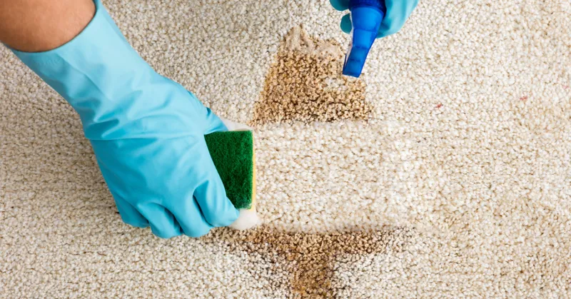 Close-up of a stubborn carpet stain being treated before deep cleaning
